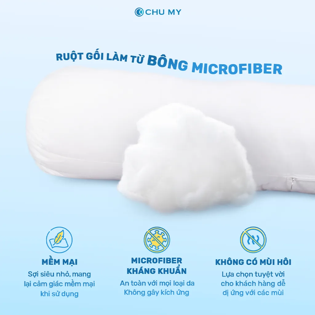 Ảnh Ruột gối ôm CHU MY, bông Microfiber, vỏ 100% cotton T400, khách sạn 5 sao, D35x100cm 2