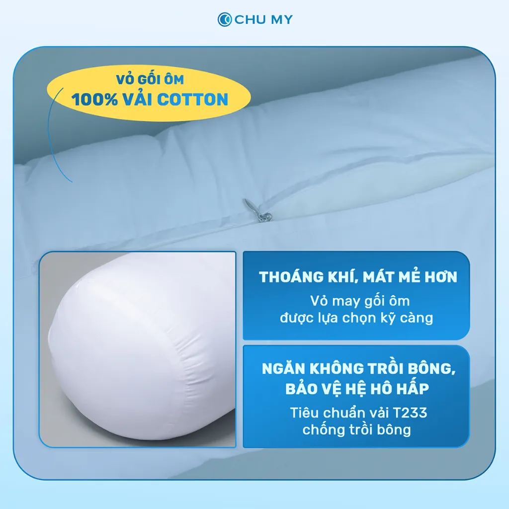 Ảnh Ruột gối ôm CHU MY, bông Microfiber, vỏ 100% cotton T400, khách sạn 5 sao, D35x100cm 3