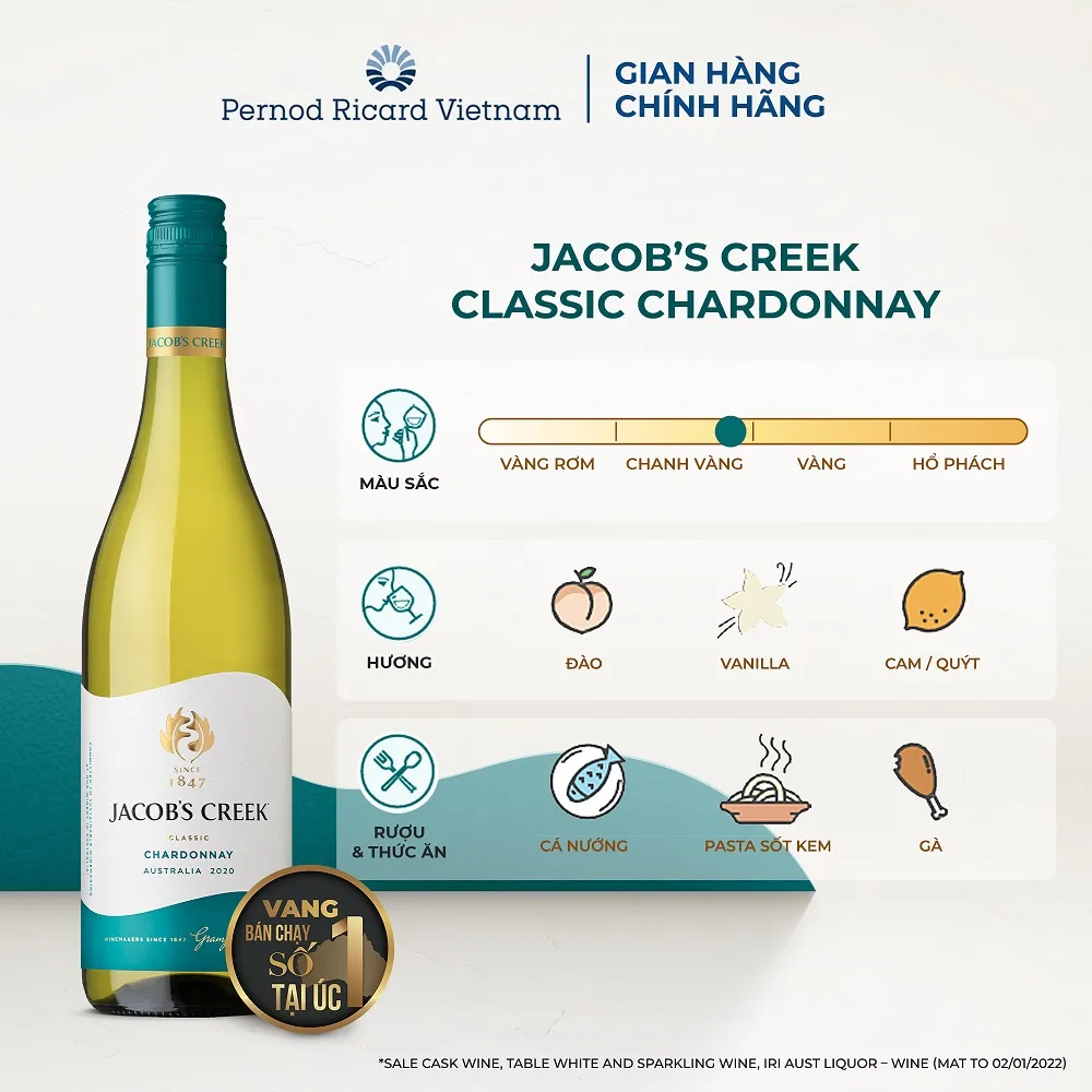 Ảnh Rượu Vang Trắng Jacob's Creek Classic Chardonnay Nồng Độ Alc 12.9% 750ml không kèm hộp 3