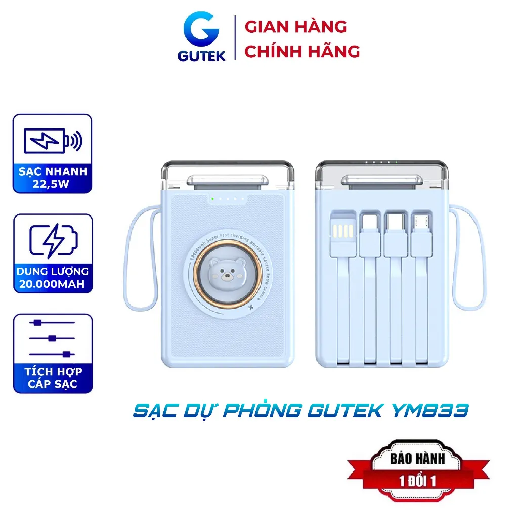 Ảnh Sạc dự phòng 20000mah 10000mah sạc nhanh pin dung lượng lớn có dây sạc cho điện thoại - Gutek YM833 1