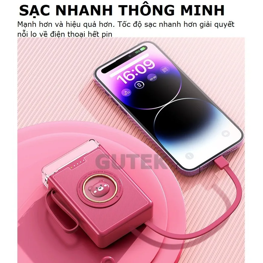 Ảnh Sạc dự phòng 20000mah 10000mah sạc nhanh pin dung lượng lớn có dây sạc cho điện thoại - Gutek YM833 2