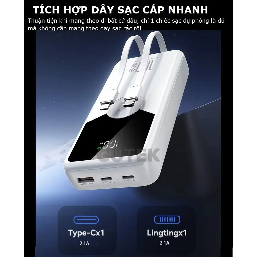 Ảnh Sạc dự phòng 30000mAh 20000mAh Gutek GT229 sạc nhanh 100W pin dung lượng lớn tích hợp dây cáp cho điện thoại 3