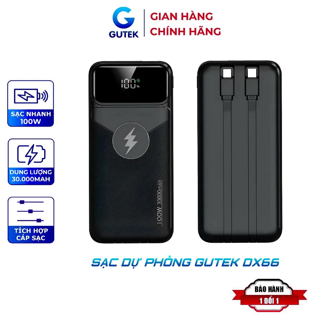 Review Sạc Dự Phòng Gutek DX66 30000mAh 100W: Pin Khủng, Sạc Siêu Nhanh, Có Dây Sẵn!