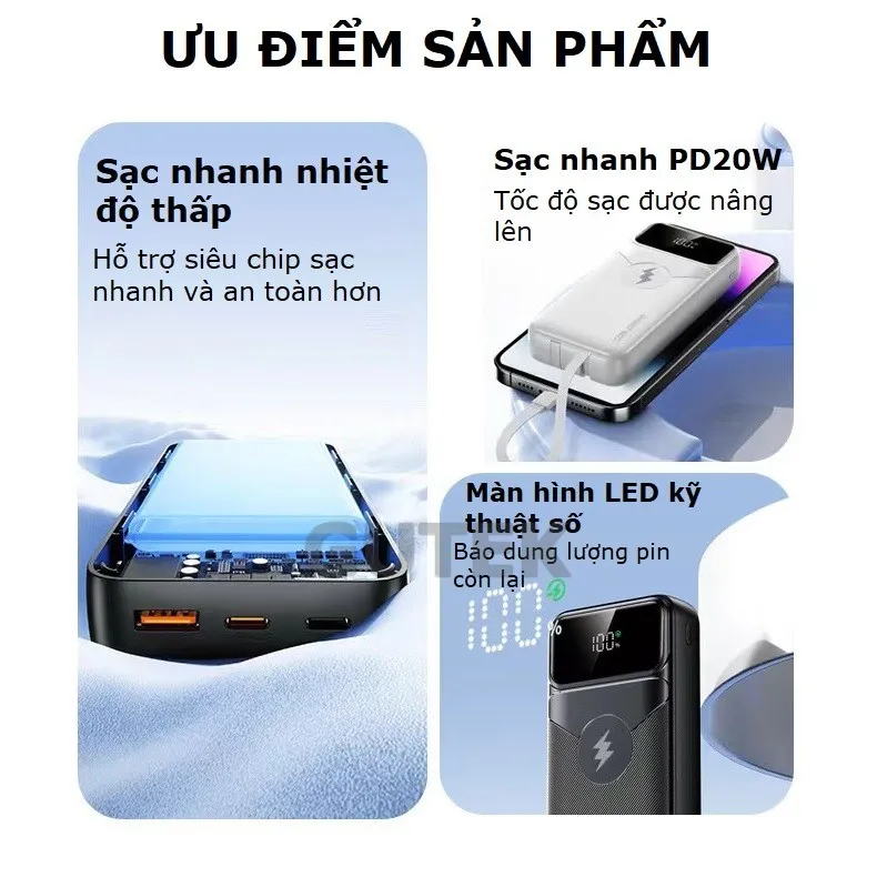 Ảnh Sạc dự phòng 30000mah sạc nhanh 100w pin dung lượng lớn có sẵn dây cho nhiều điện thoại - Gutek DX66 2