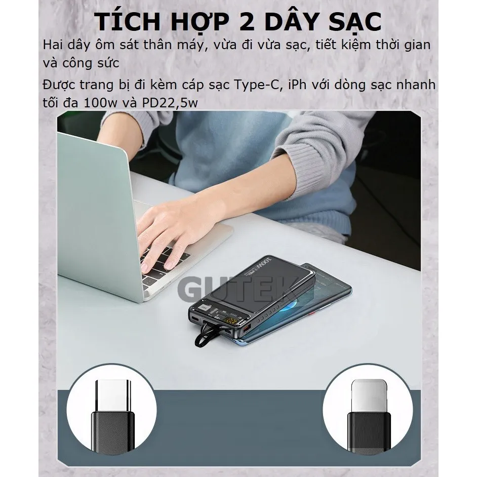 Ảnh Sạc dự phòng 30000mah sạc nhanh 100w dung lượng pin lớn có sẵn dây cho điện thoại - Gutek GT160 3
