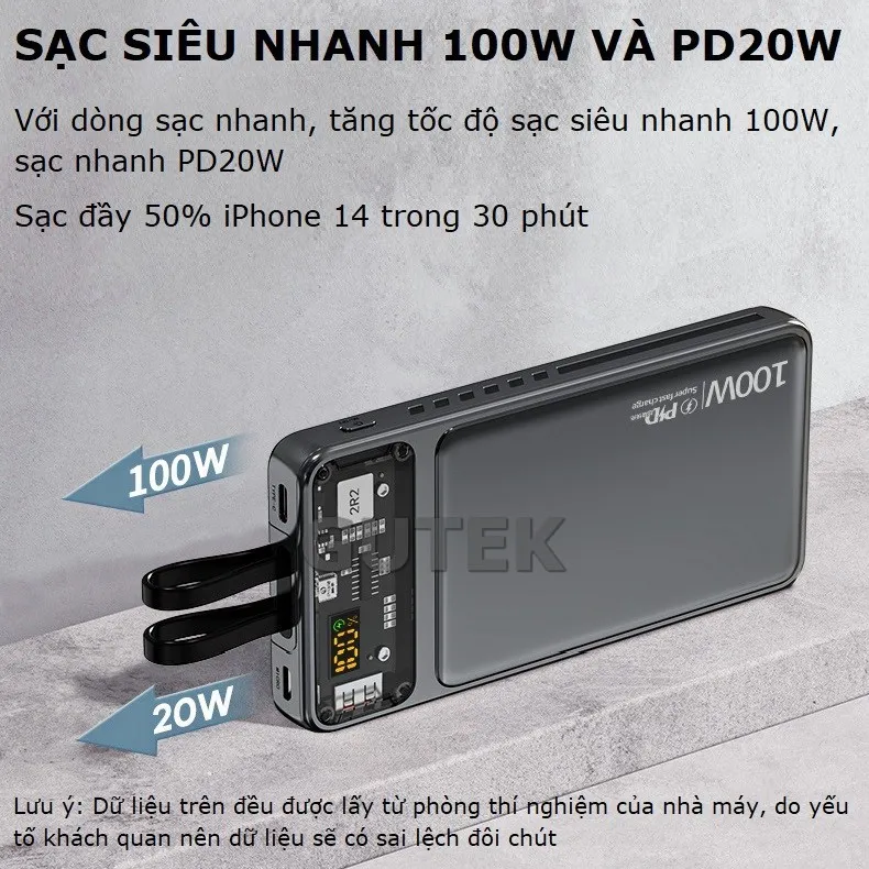 Ảnh Sạc dự phòng 30000mah sạc nhanh 100w dung lượng pin lớn có sẵn dây cho điện thoại - Gutek GT160 4
