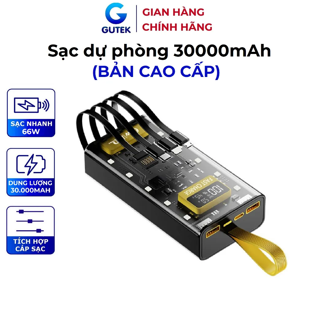 Đánh giá Sạc Dự Phòng Gutek DX745 30000mAh 66W: Pin Khủng, Sạc Siêu Nhanh, Tích Hợp Dây Cáp