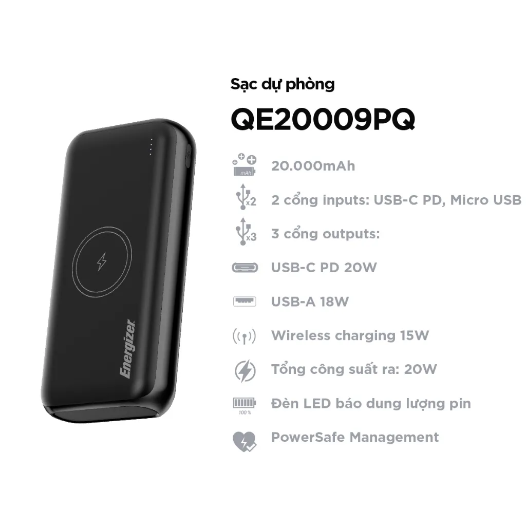 Ảnh Sạc dự phòng Energizer 20000mAh QE20009PQ - tích hợp sạc nhanh 20W, 3 cổng sạc ra tiện lợi 1