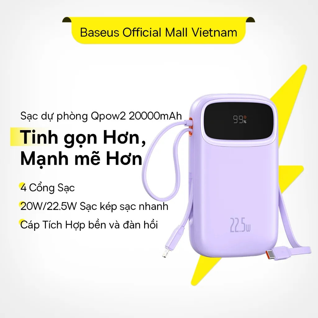 Đánh Giá Sạc Dự Phòng Baseus 20000mAh 22.5W Qpow2: Tích Hợp Cáp Type-C & Lightning