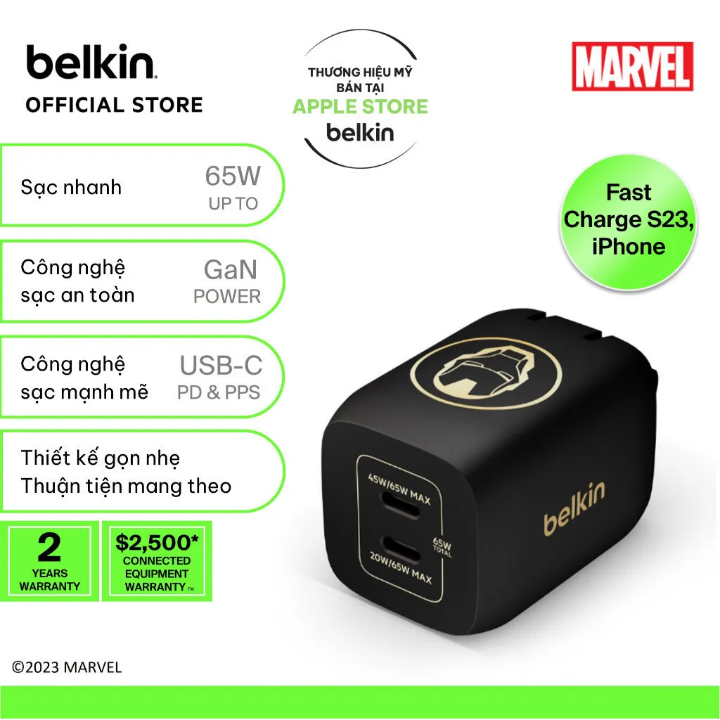 Ảnh Sạc nhanh BOOST↑CHARGE PRO GaN Belkin 65W - 2 cổng USB-C PD 3.0 PPS phiên bản đặc biệt Ironman/Disney 1