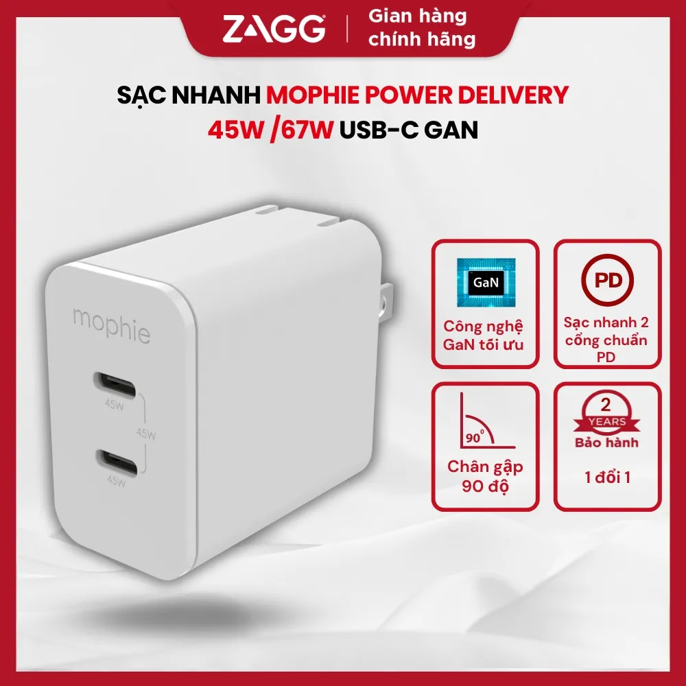 Ảnh Sạc nhanh Mophie Power Delivery 40W/45W công nghệ GaN, chân gập, 2 cổng thích hợp dành cho iPhone/Samsung/Android 1