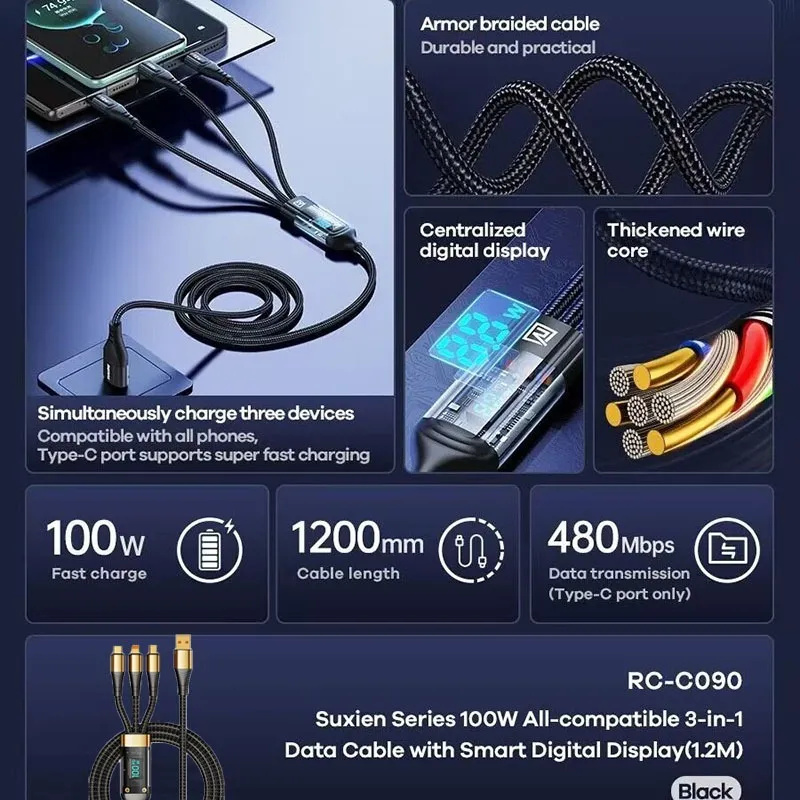 Ảnh Sạc siêu nhanh SGALAS OPPO VOOC 100W 3 đầu bằng silicone chống gãy/ gập siêu bền/ đầu đúc kim loại chính hãng 1