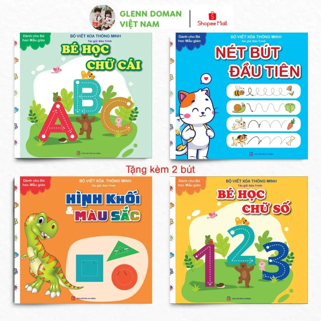 Ảnh Sách Cho Bé - Bộ 4 Cuốn Viết Xóa Thông Minh: Chữ Cái, Chữ Số, Nét Bút Đầu Tiên, Hình Khối và Màu Sắc - Tặng Kèm 2 Bút 1