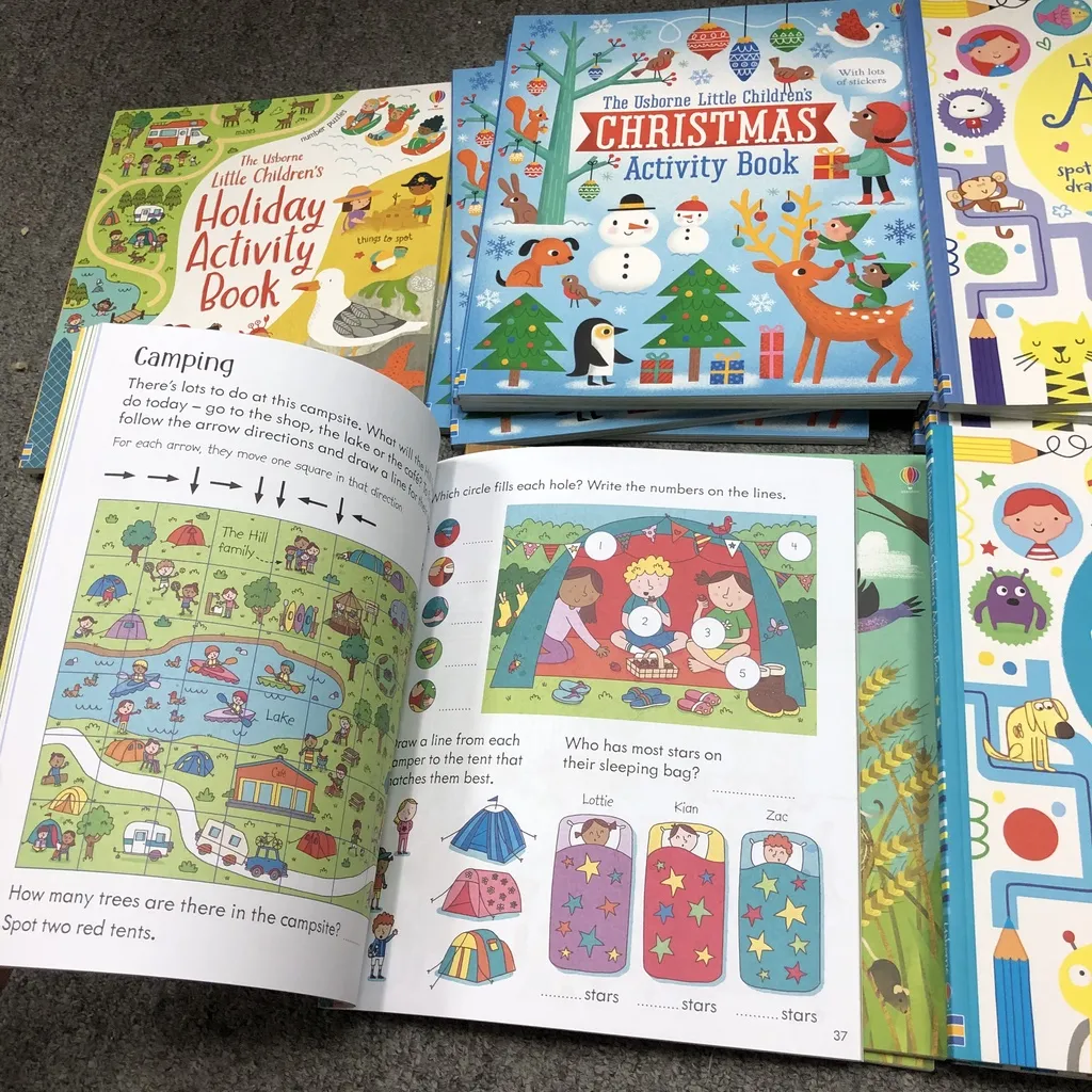 Ảnh Sách tiếng anh Usborne - Little children's Activity book - tổng hợp kỹ năng hoạt động cho bé tìm kiếm, tô màu, bóc dán, 3
