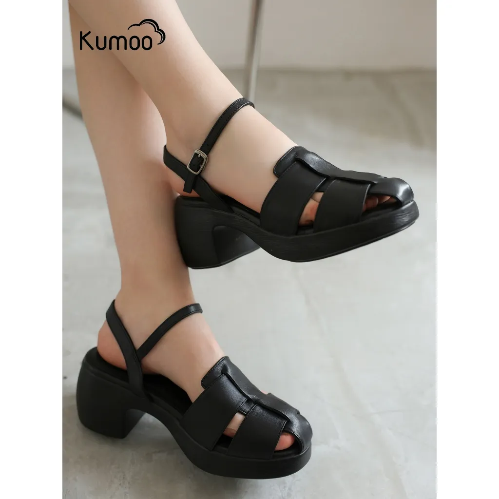 Ảnh Sandal Cao Gót Nữ Kumoo Màu Đen Da Thật Hack Dáng Đế LugSole 7cm Thời Thượng SDCG-KUMO-010 3