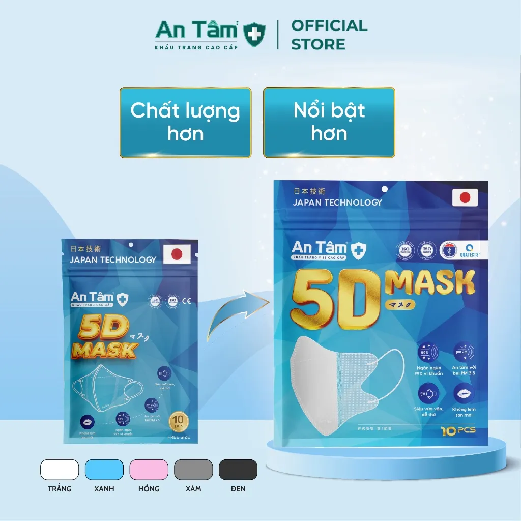 Ảnh Set 100 cái - Khẩu trang y tế 5D 3 lớp Vải Không Dệt & Giấy Kháng Khuẩn Chính Hãng AN TÂM - Túi 10 cái 2