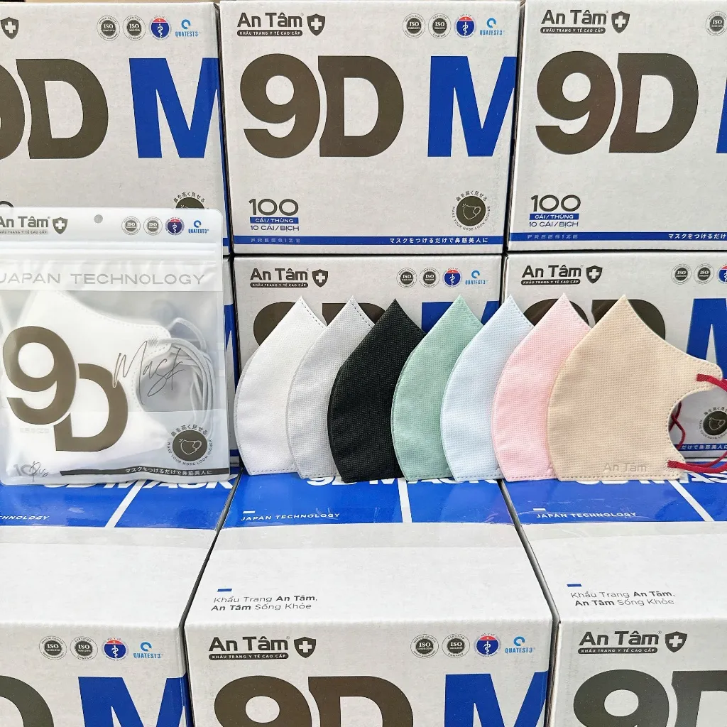 Ảnh Set 100 cái Khẩu trang y tế 9D giúp mũi trông cao hơn, quai thun đeo màu sắc đa dạng - chính hãng An Tâm 1