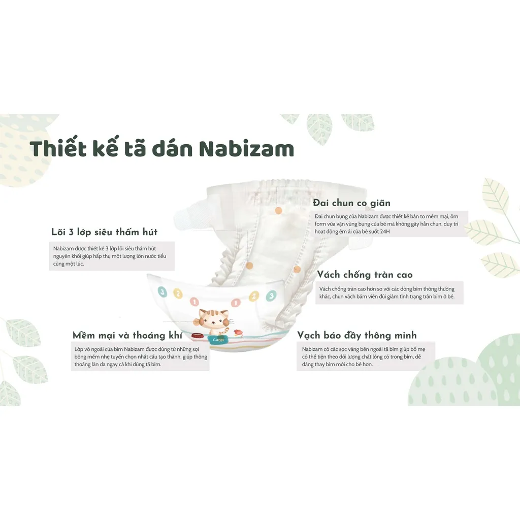 Ảnh Set 2 Miếng Tã/Bỉm Dán NABIZAM Ultra Thin Siêu Mỏng, Thấm Hút Chống Tràn Size S44/M40/L36/XL32 Từ 4-15kg, 2 Miếng/Set 3