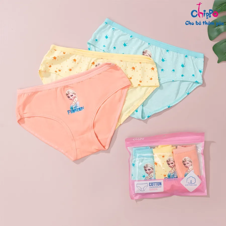Ảnh Set 3 quần chip chéo tam giác cho bé gái từ 14 đến 50kg Chippo họa tiết Elsa dễ thương chất vải 100% cotton cao cấp 1