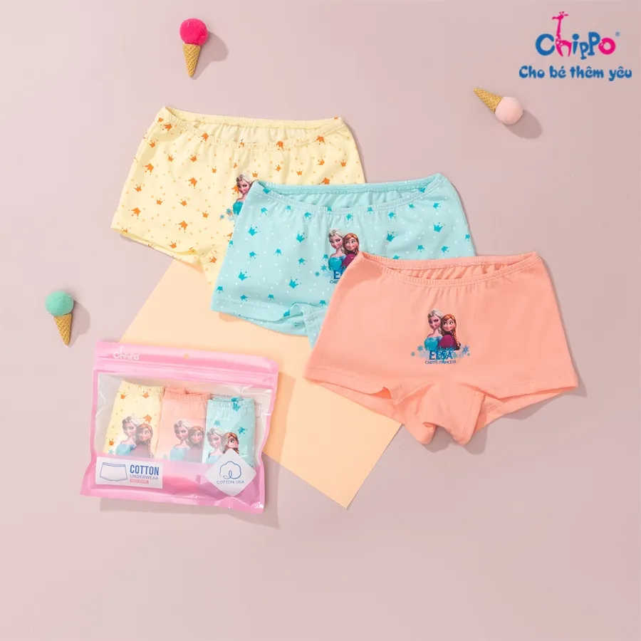 Ảnh Set 3 quần chip đùi cho bé gái từ 14 đến 50kg Chippo họa tiết Elsa dễ thương chất vải 100% cotton mềm thoáng mát 1