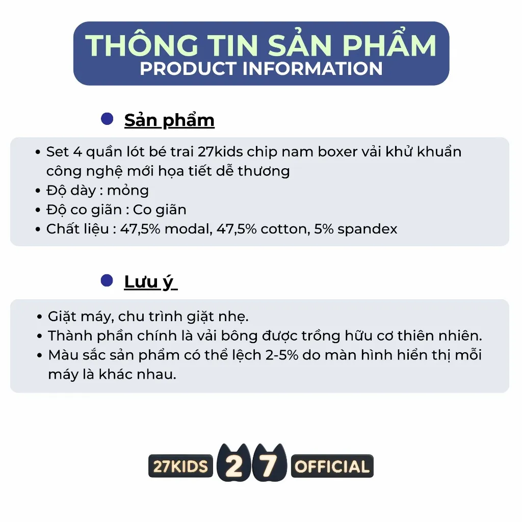 Ảnh Set 4 quần lót bé trai 27kids chip nam boxer vải khử khuẩn công nghệ mới họa tiết dễ thương BSUW3 3