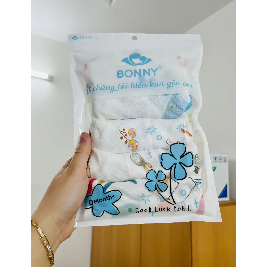 Ảnh Set 5 Khăn Sữa BONNY Họa Tiết Sợi Tre 4 Lớp Mềm Mịn,Thấm Hút Cho Bé Sơ Sinh(KT: 28x28 Cm) 1