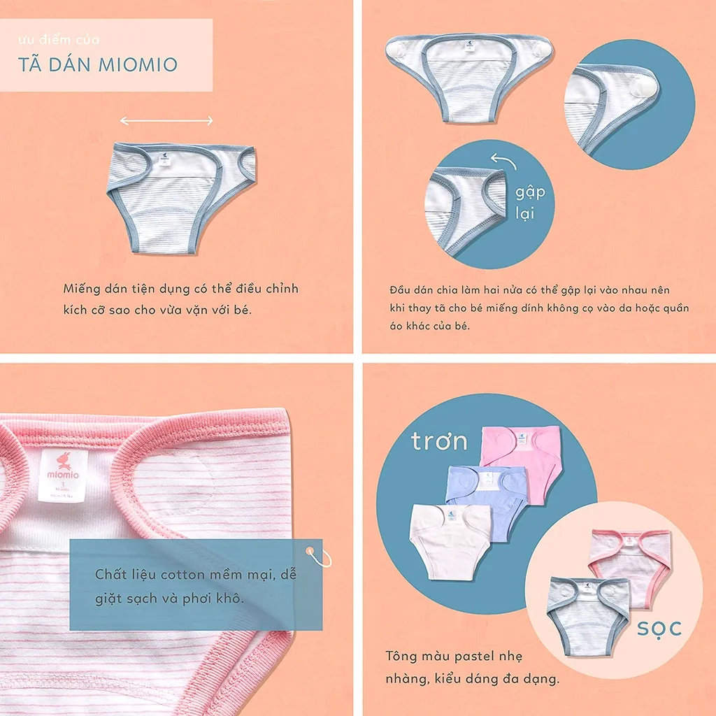Ảnh Set 5 Tã Dán Vải Sơ Sinh MIOMIO Cho Bé Trai, Bé Gái 0-6tháng, Vải Cotton 100% 2