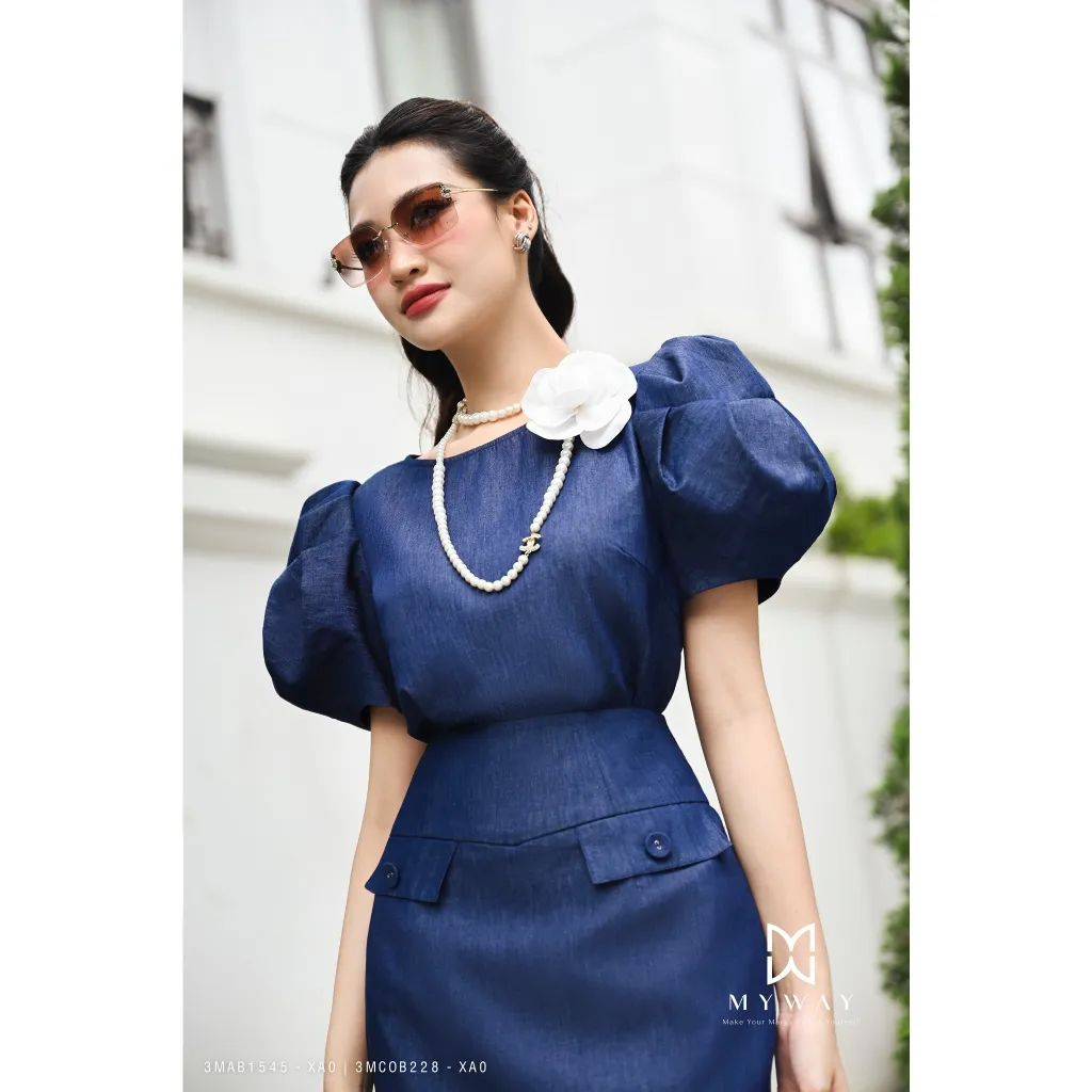 Ảnh Sét Áo Chân Váy Denim Nữ MY WAY Tay Bồng Sang Trọng 3MAB1545 -3MCOB228- không kèm hoa 1