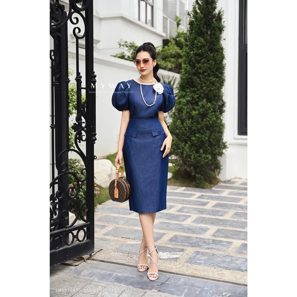 Ảnh Sét Áo Chân Váy Denim Nữ MY WAY Tay Bồng Sang Trọng 3MAB1545 -3MCOB228- không kèm hoa 2