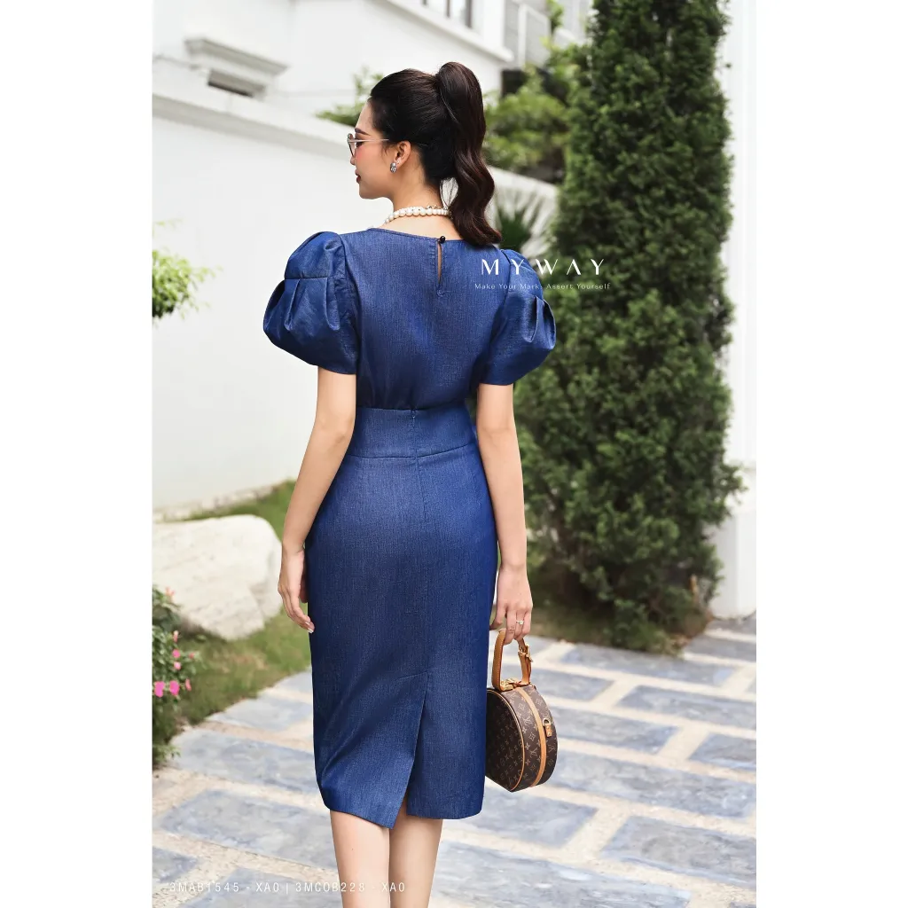 Ảnh Sét Áo Chân Váy Denim Nữ MY WAY Tay Bồng Sang Trọng 3MAB1545 -3MCOB228- không kèm hoa 3