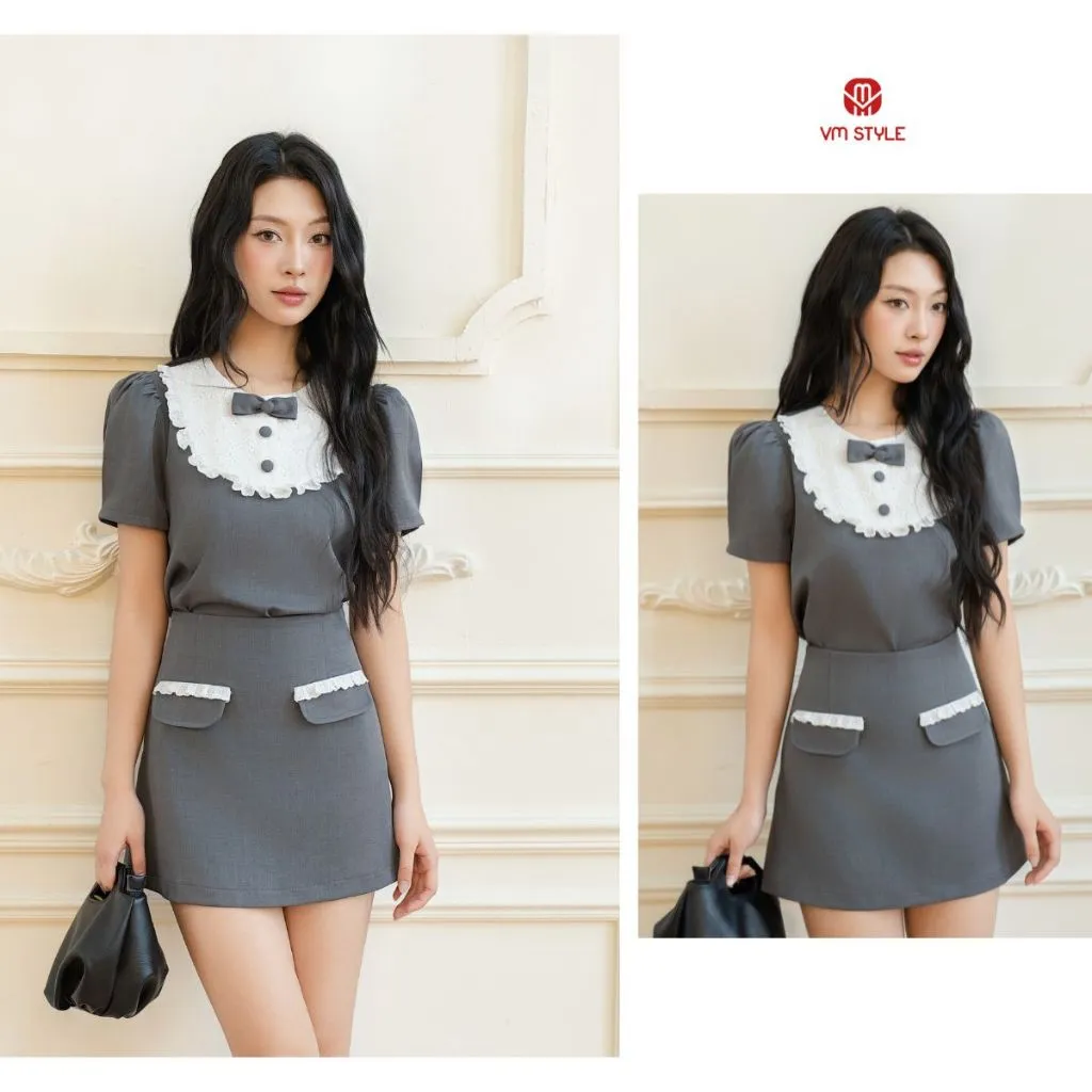Ảnh Set áo kiểu phối ren nơ mix chân váy chữ A VMSTYLE Set tiểu thư dáng ngắn đi chơi, đi chụp ảnh SBU00128 1