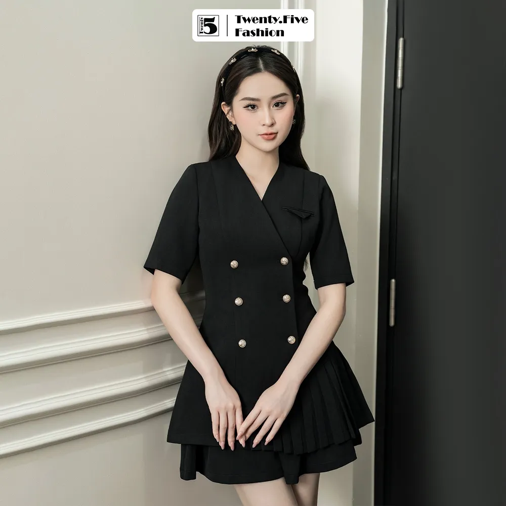 Ảnh Set áo kiểu vest nữ Twentyfive dáng dài cổ V xếp ly gấu vạt chéo AH12 và chân váy xòe CQ06 (Tách lẻ) 1