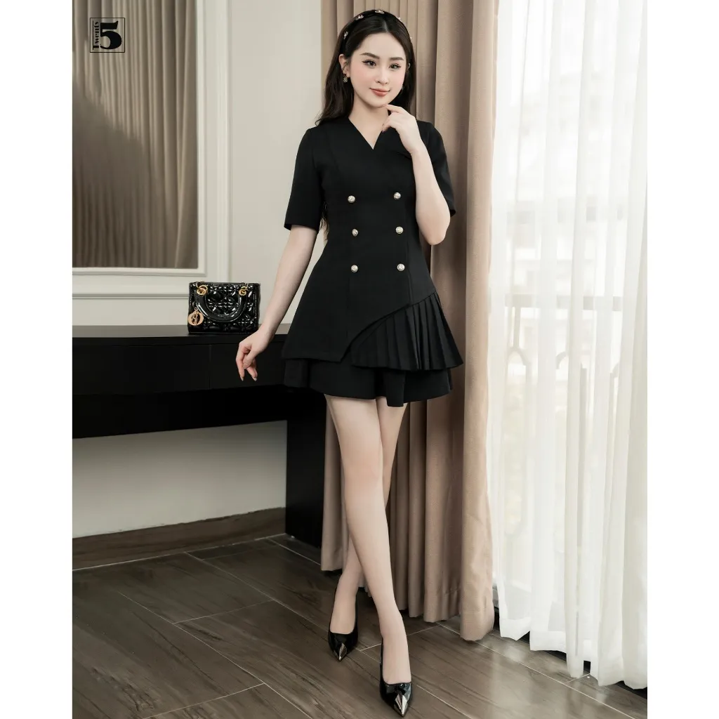 Ảnh Set áo kiểu vest nữ Twentyfive dáng dài cổ V xếp ly gấu vạt chéo AH12 và chân váy xòe CQ06 (Tách lẻ) 3