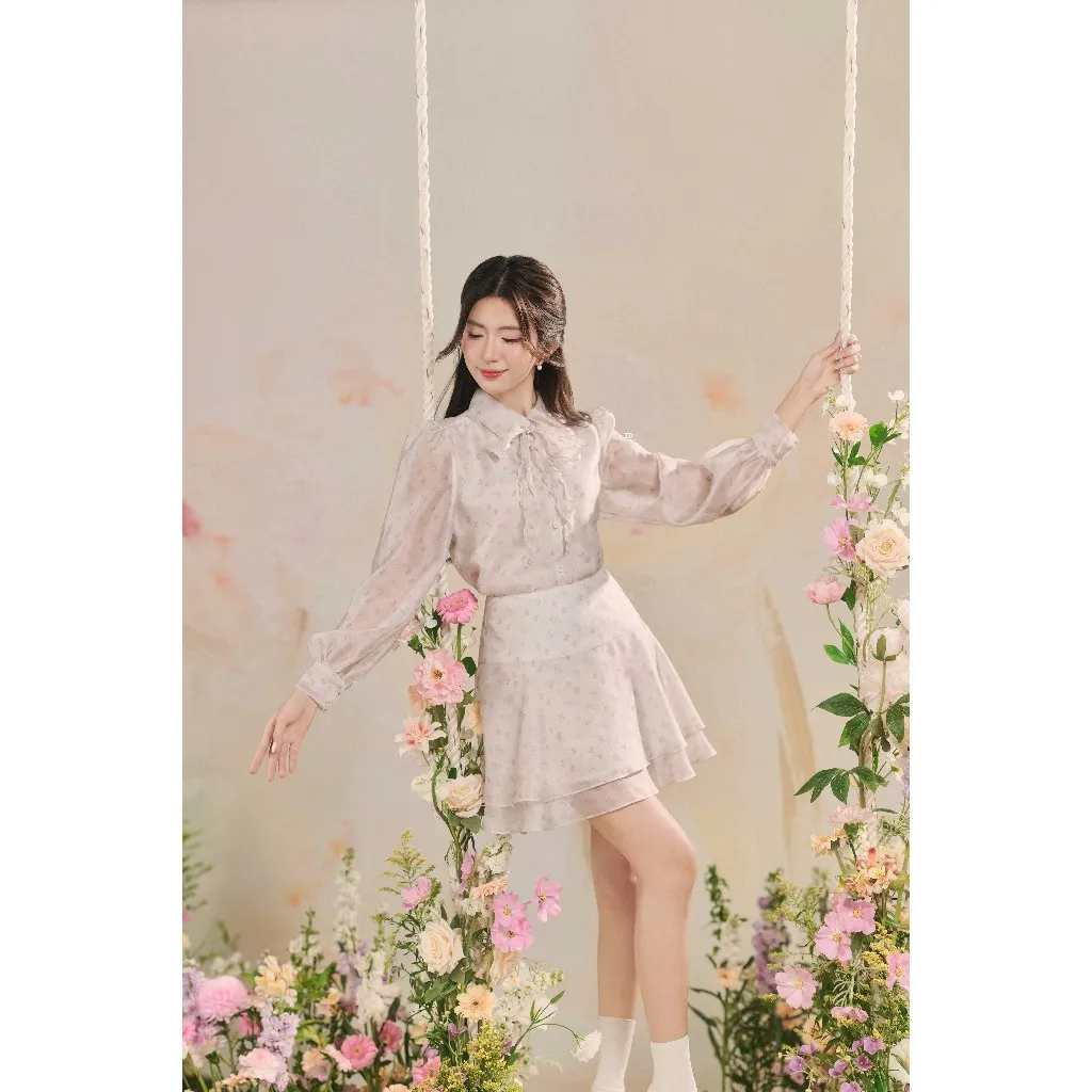 Ảnh Set Áo sơ mi cổ đức tròn đính nơ họa tiết 2R05.2503OG, Chân váy pattern đổ hai tầng họa tiết 4R02.2503OG, set đồ nữ JM 3