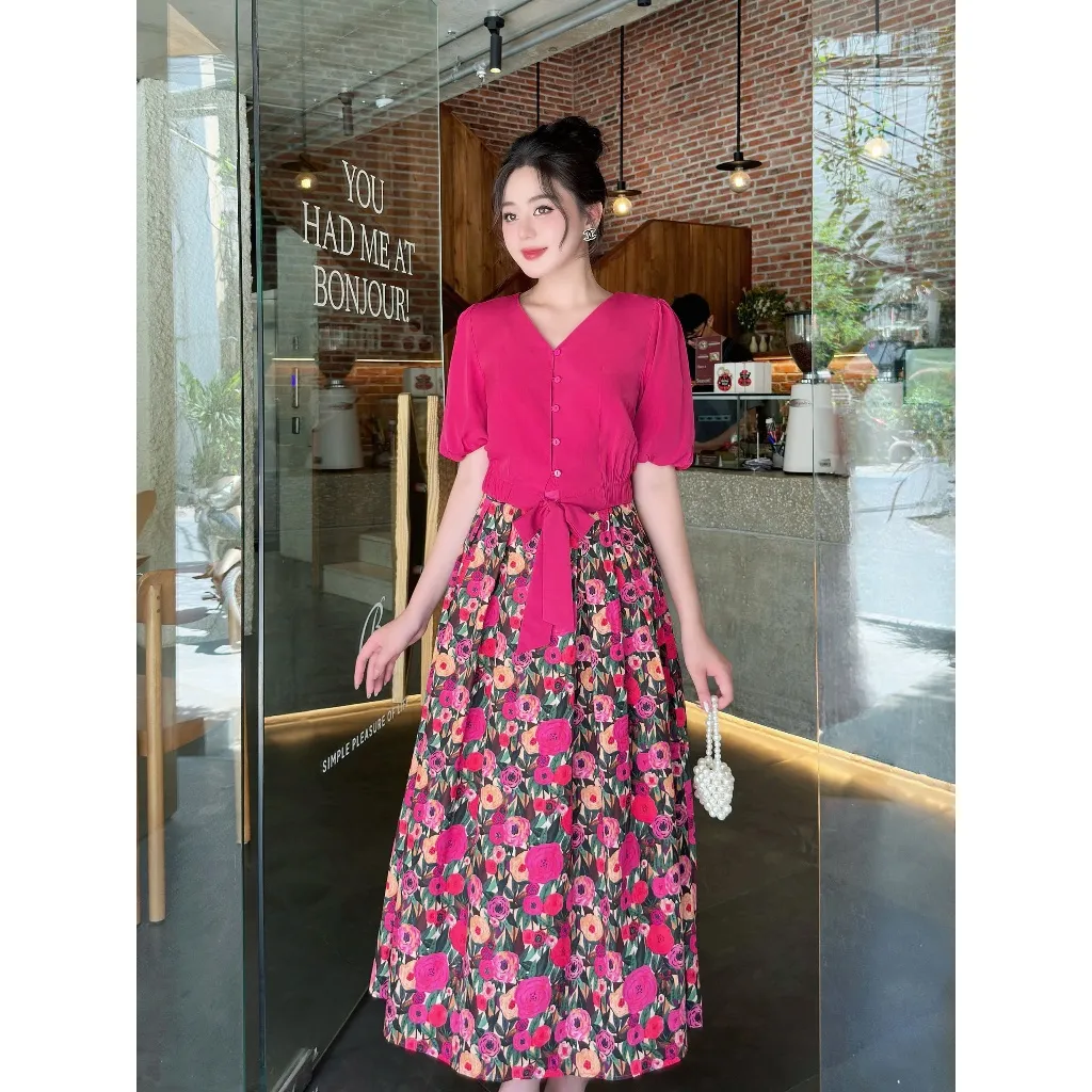 Ảnh Set áo trơn phối chân váy hoa dáng dài – Style du lịch biển hè Evalover 2