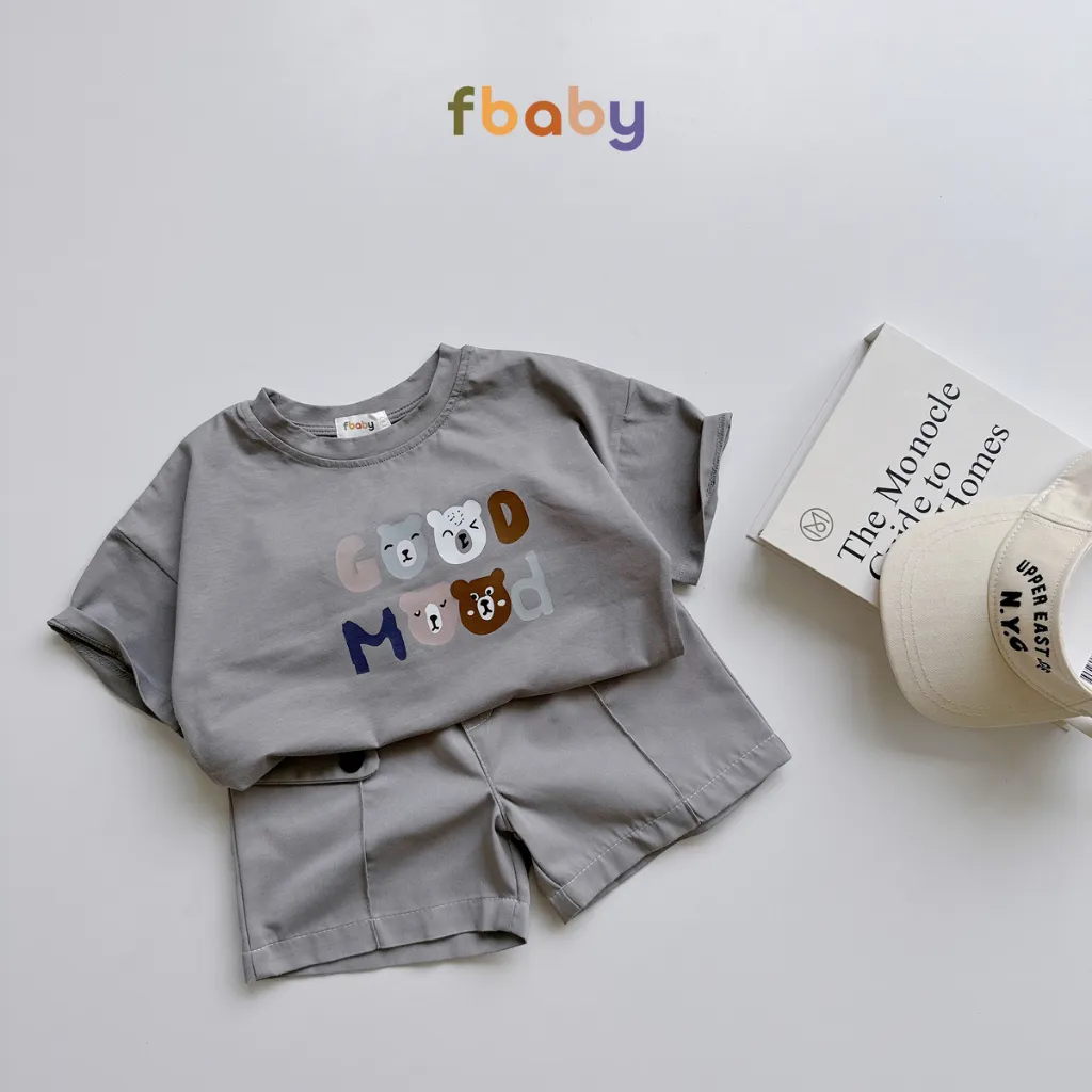 Ảnh Set bộ cotton cộc tay bé trai cổ tròn in chữ quần kaki Fbaby bé mặc ở nhà, đi học, đi lớp, đi chơi FB1124 2