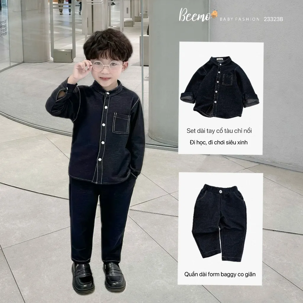 Ảnh Set bộ đôi sơ mi cổ tàu Beemo cộc tay, dài tay vải giả bò mềm mại cho bé trai từ 9-24kg 23323B 2