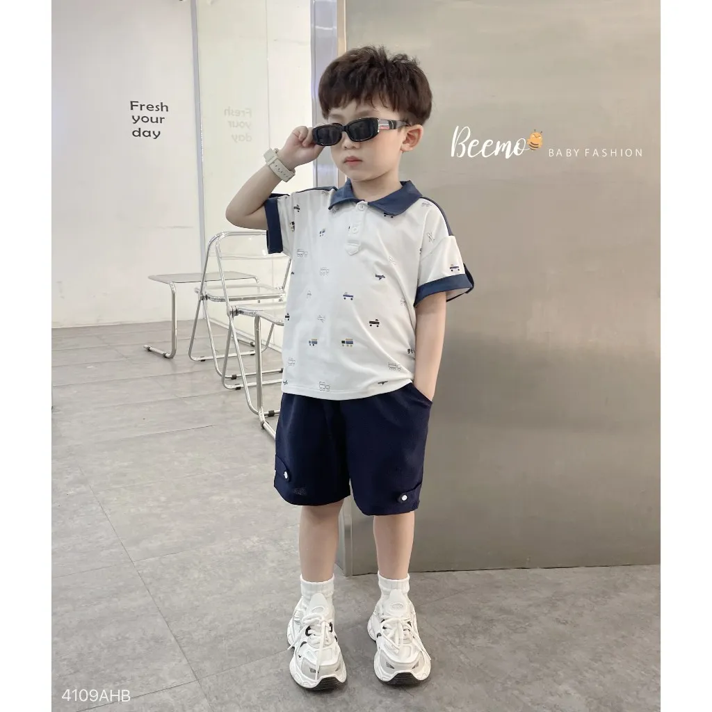Ảnh Set bộ Polo cộc tay Beemo in xoả phối cá tay vải cotton cao cấp cho bé trai từ 9-24kg 4042BHB 1