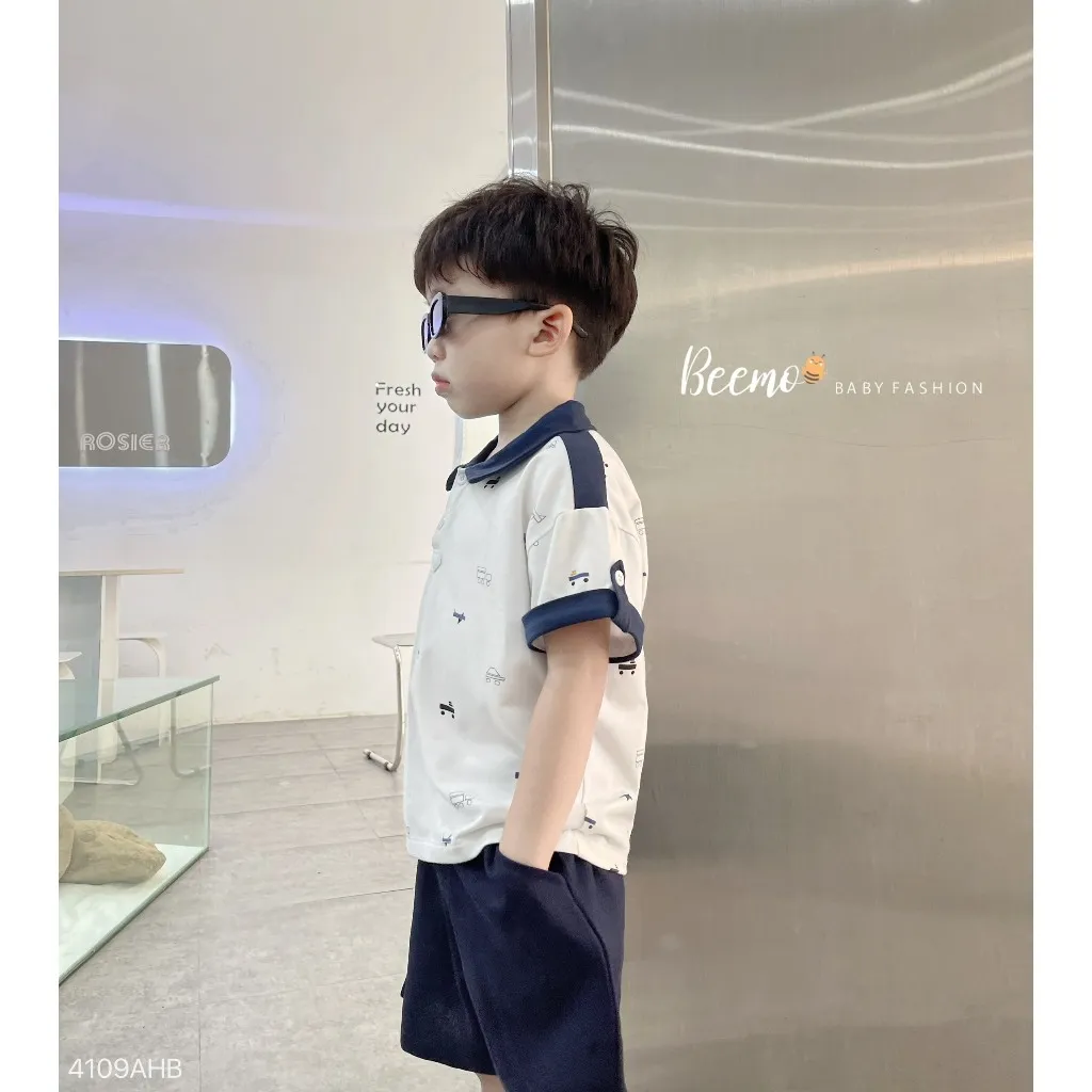 Ảnh Set bộ Polo cộc tay Beemo in xoả phối cá tay vải cotton cao cấp cho bé trai từ 9-24kg 4042BHB 2