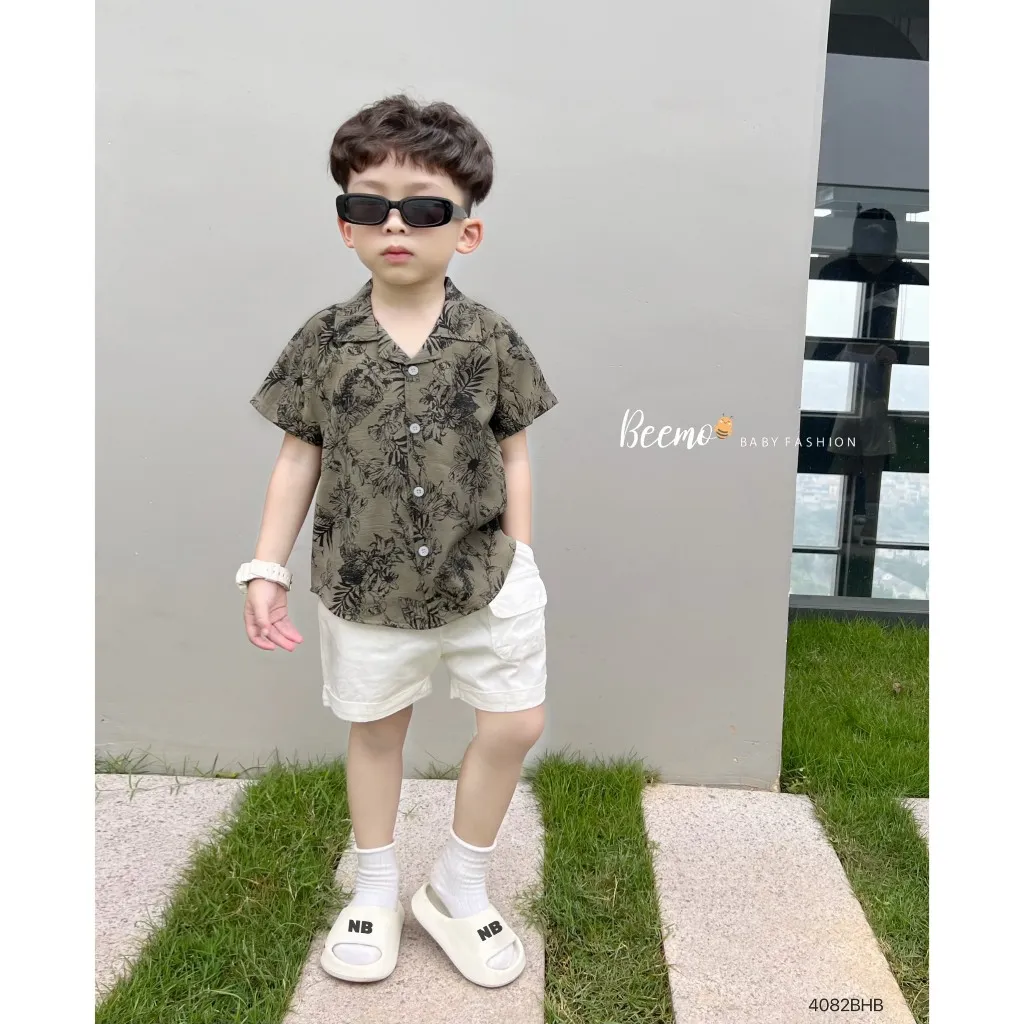 Ảnh Set bộ sơ mi cổ ve mùa hè Beemo hoạ tiết summer thoáng mát cho bé trai từ 9-25kg 4082BHB 3