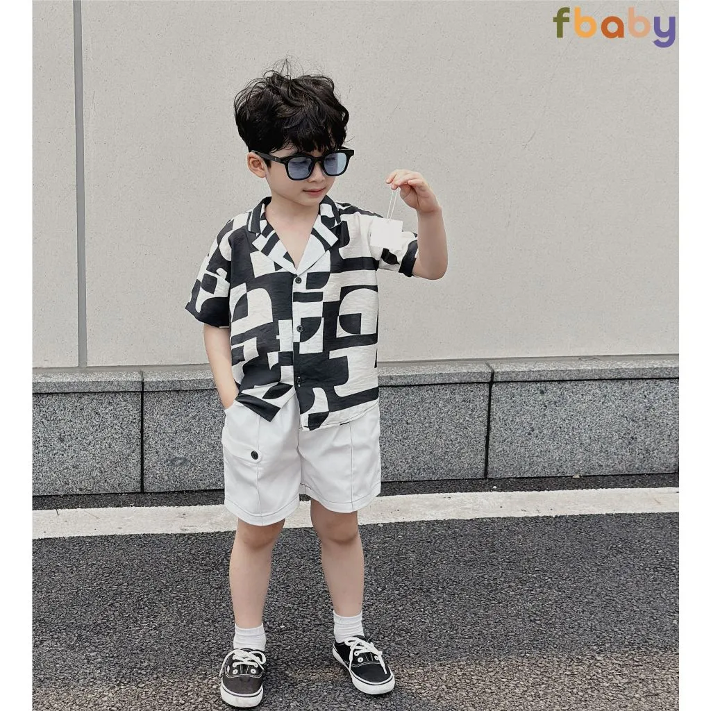 Ảnh Set bộ sơ mi cộc tay bé trai áo đũi họa tiết công tử cổ vest quần kaki Fbaby FB0124 1