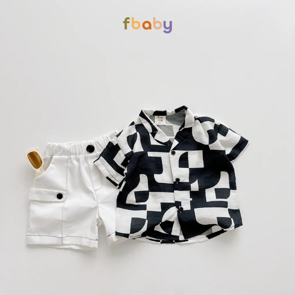 Ảnh Set bộ sơ mi cộc tay bé trai áo đũi họa tiết công tử cổ vest quần kaki Fbaby FB0124 2