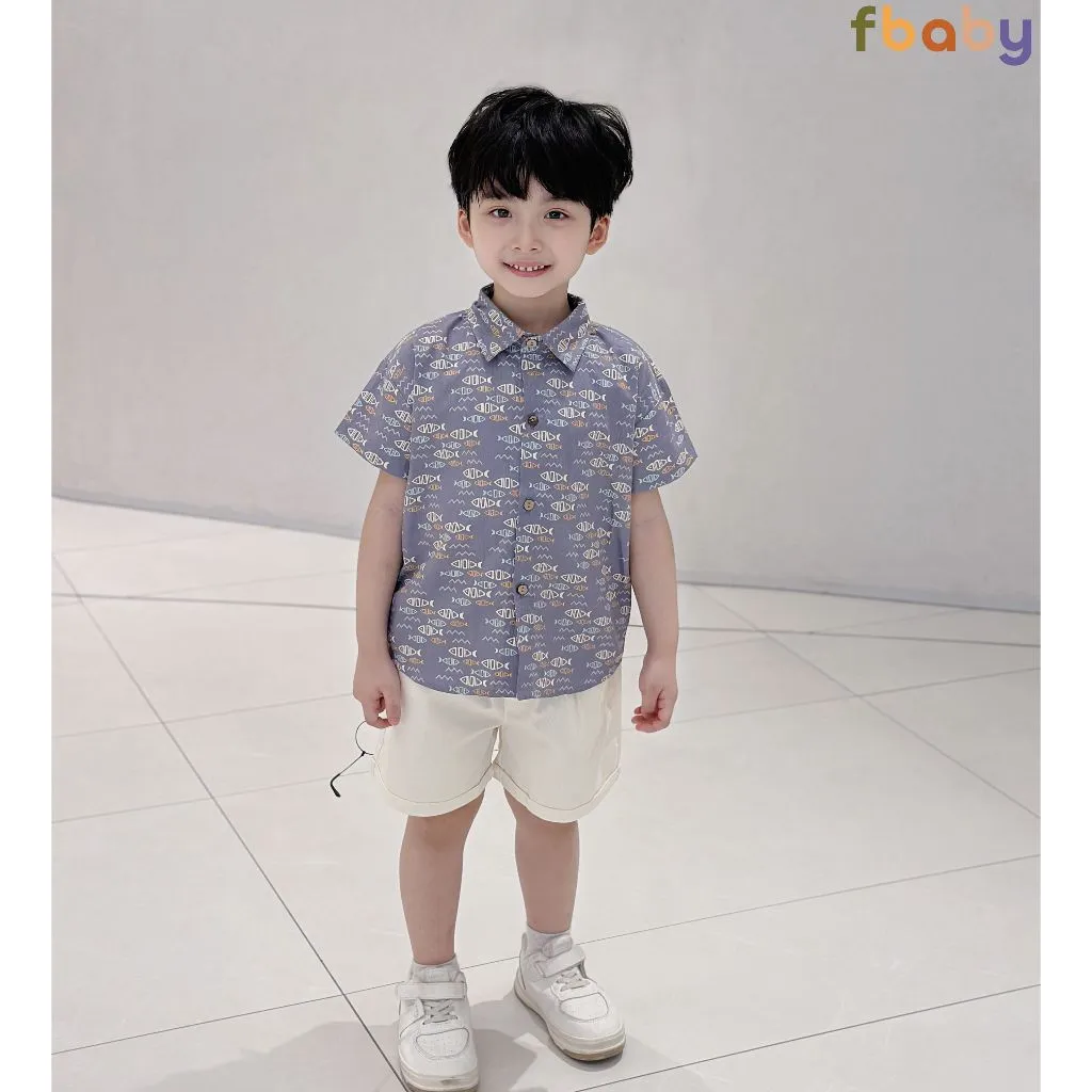 Ảnh Set bộ sơ mi cộc tay bé trai áo thô lụa họa tiết cổ đức quần linen Fbaby FB0224 1
