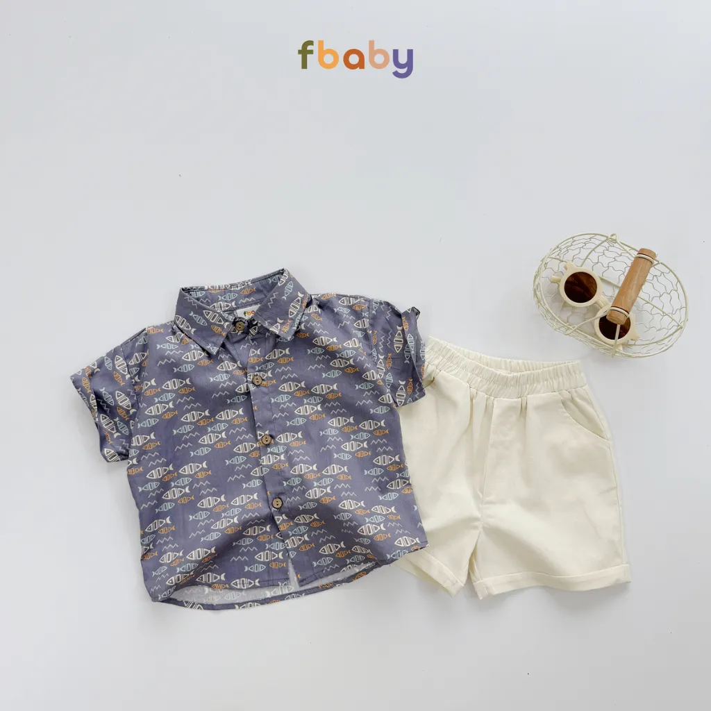 Ảnh Set bộ sơ mi cộc tay bé trai áo thô lụa họa tiết cổ đức quần linen Fbaby FB0224 2