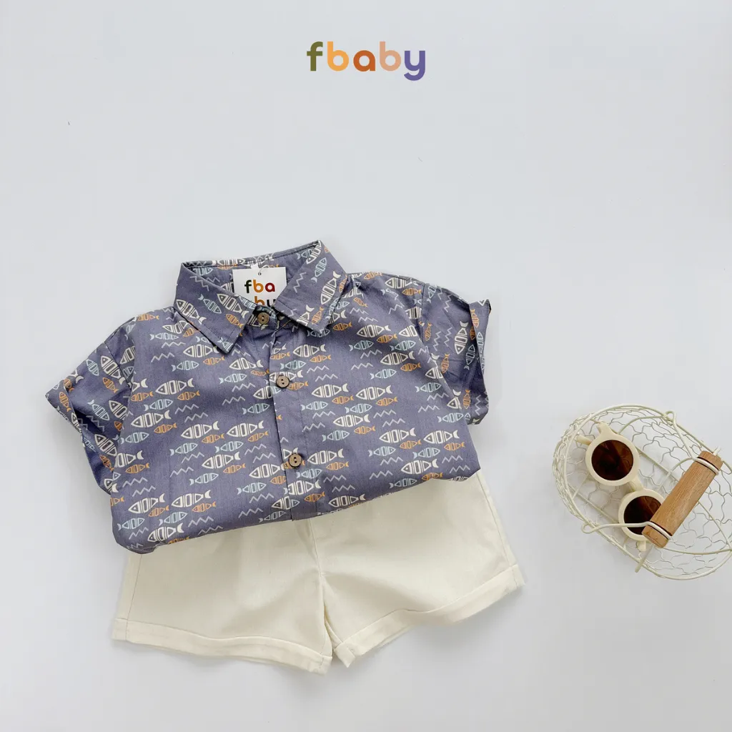 Ảnh Set bộ sơ mi cộc tay bé trai áo thô lụa họa tiết cổ đức quần linen Fbaby FB0224 3