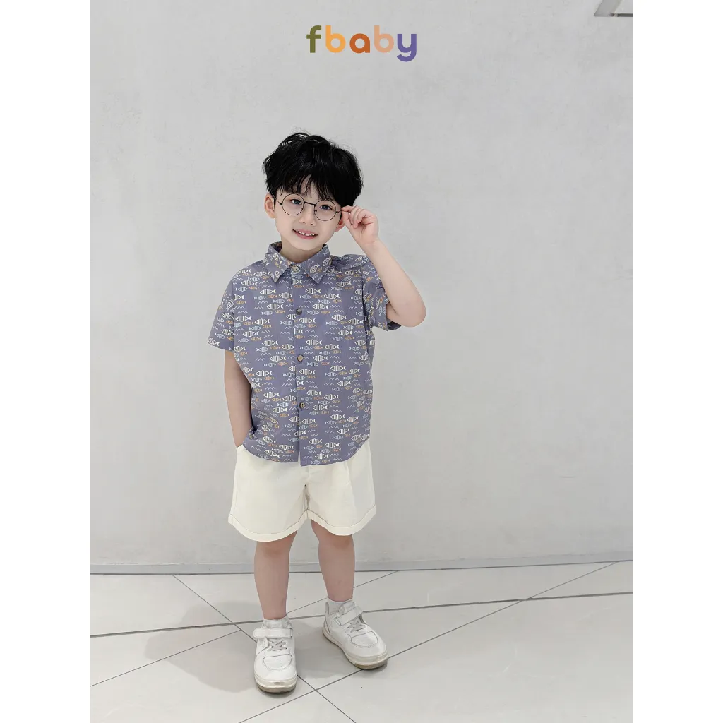 Ảnh Set bộ sơ mi cộc tay bé trai áo thô lụa họa tiết cổ đức quần linen Fbaby FB0224 4