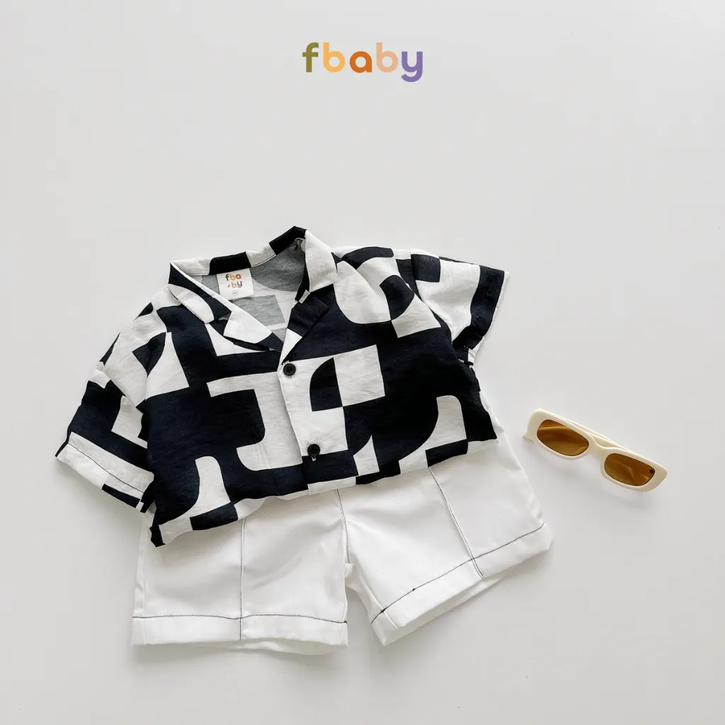 Ảnh Set bộ sơ mi cộc tay bé trai áo đũi họa tiết công tử cổ vest quần kaki Fbaby FB0124 3