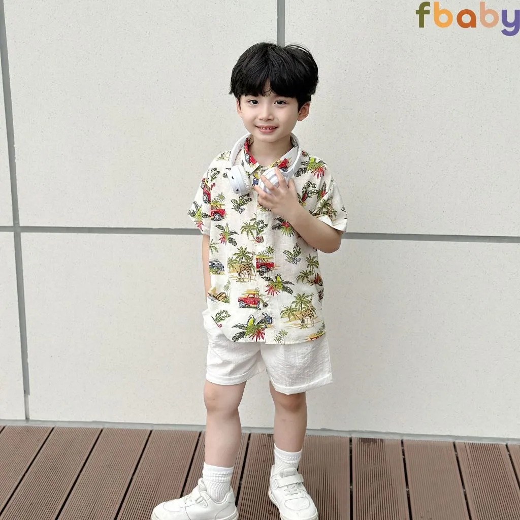 Ảnh Set bộ sơ mi cộc tay bé trai áo đũi họa tiết ô tô, cây dừa cổ đức quần đũi Fbaby mặc đi chơi, du lịch, đi biển FB1024 1