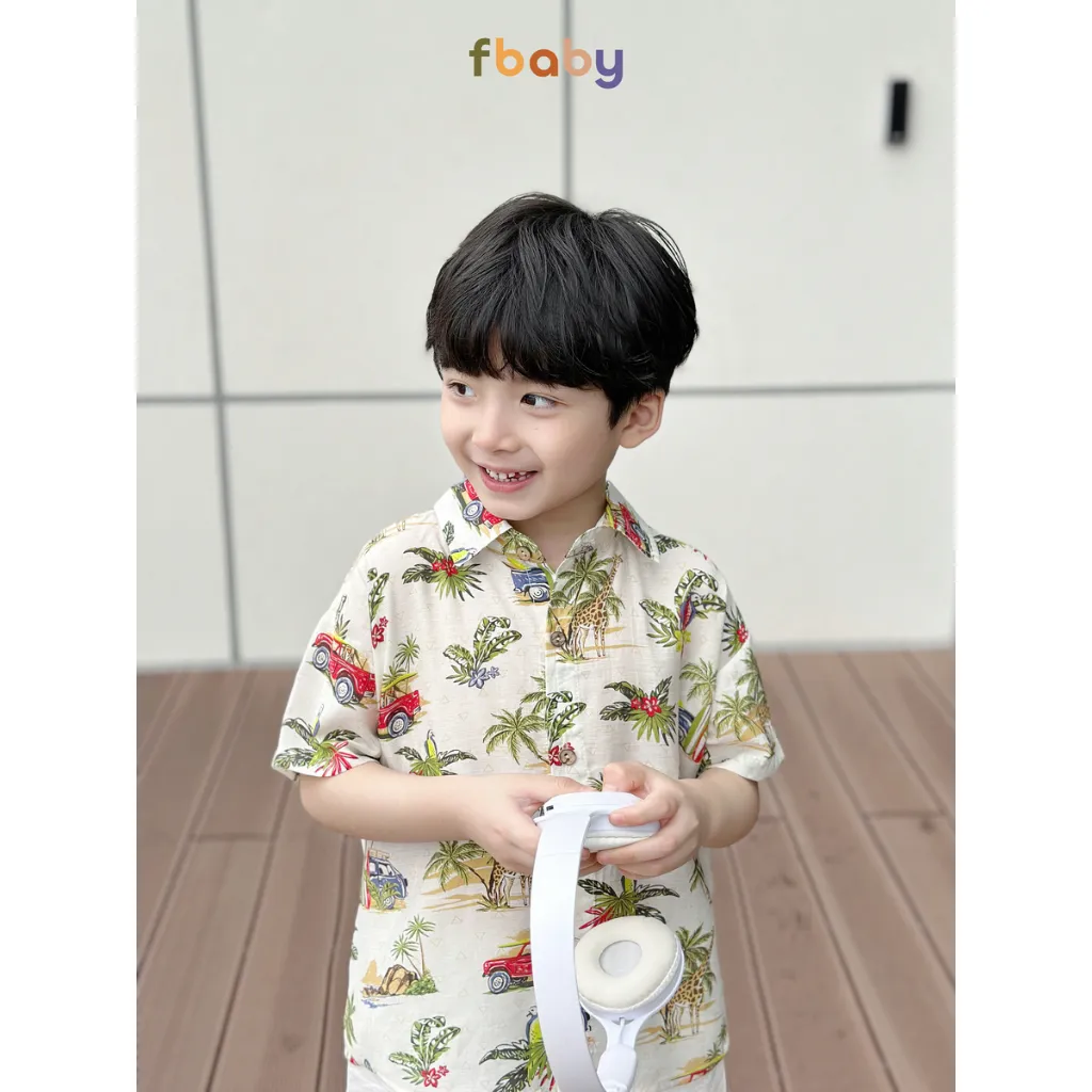 Ảnh Set bộ sơ mi cộc tay bé trai áo đũi họa tiết ô tô, cây dừa cổ đức quần đũi Fbaby mặc đi chơi, du lịch, đi biển FB1024 2