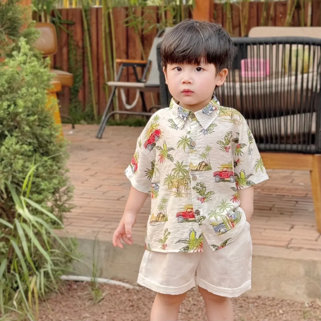 Ảnh Set bộ sơ mi cộc tay bé trai áo đũi họa tiết ô tô, cây dừa cổ đức quần đũi Fbaby mặc đi chơi, du lịch, đi biển FB1024 3